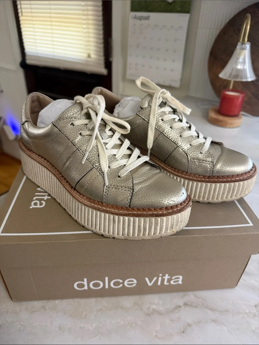 Dolce Vita Tiger Platform Sneakers – Light Gold Leather – Size 7.5